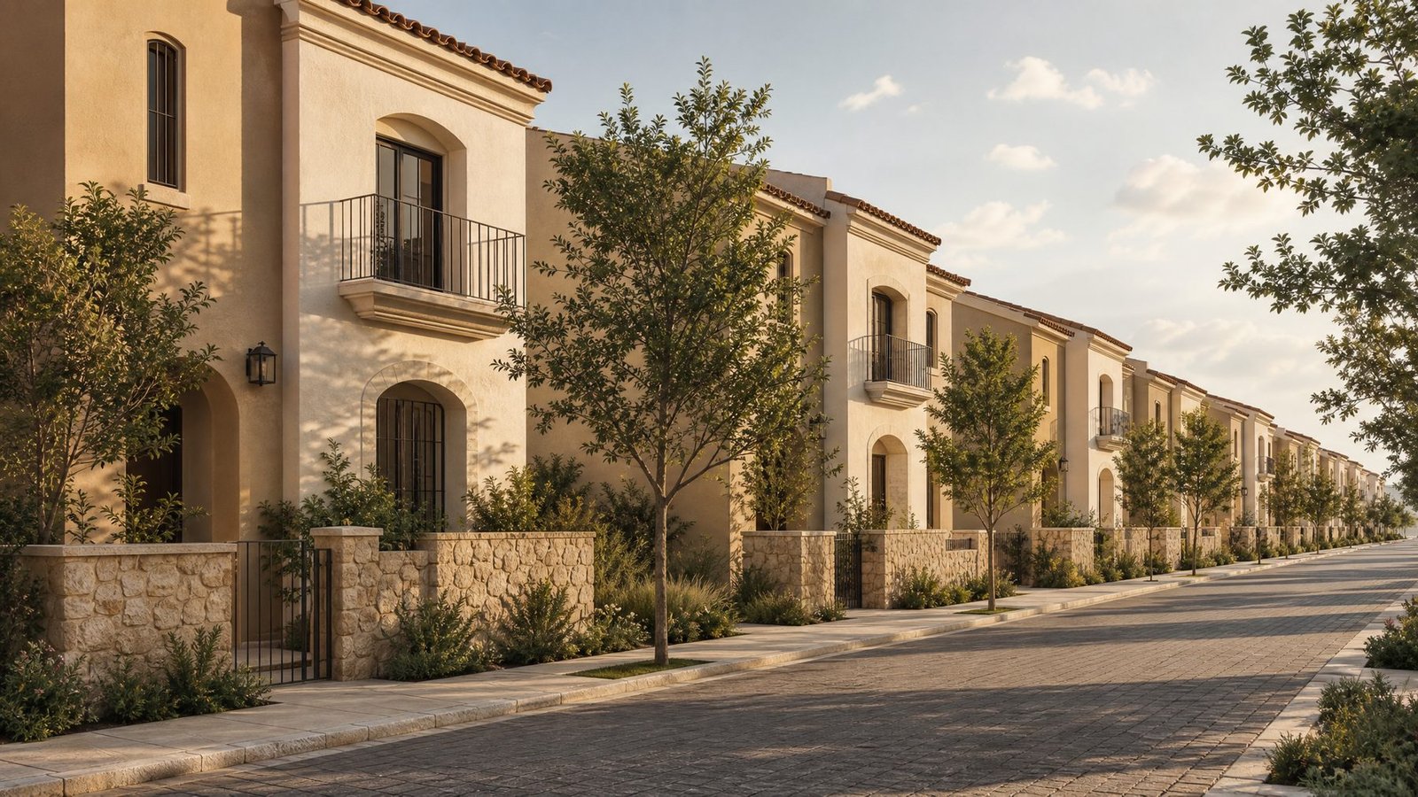 Vista a nivel de calle de una vialidad del residencial con casas de dos niveles
