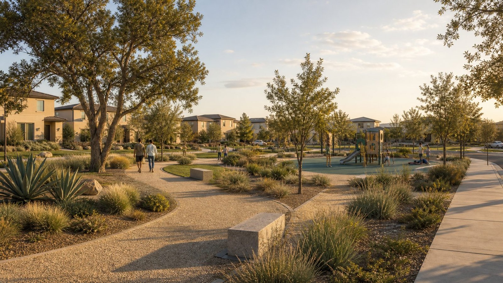 Parque central abierto con andadores, bancas, juegos infantiles y vegetación nativa